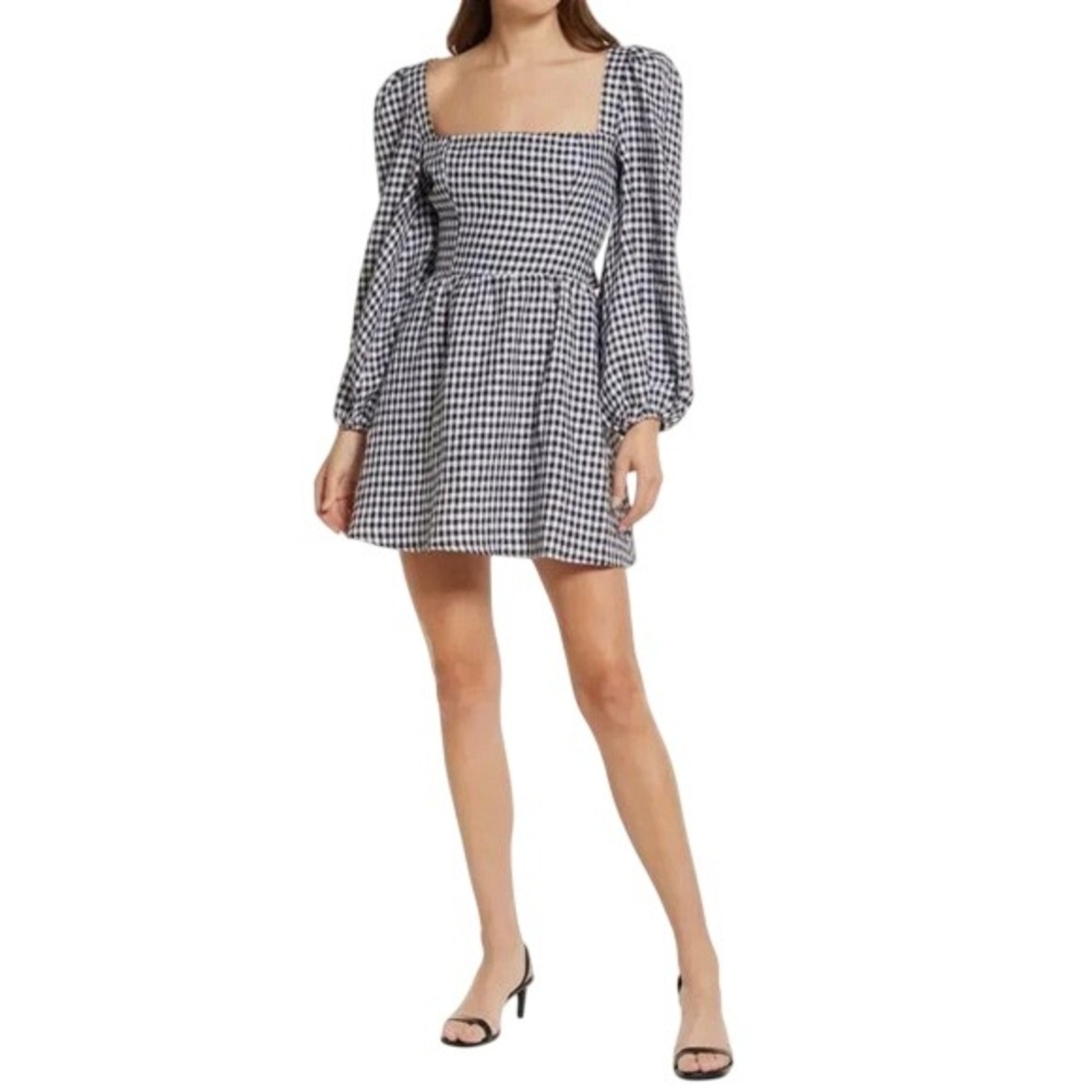 Reformation Brodie Gingham Check 100% Linen Puff Sleeve Mini Dress Size 8